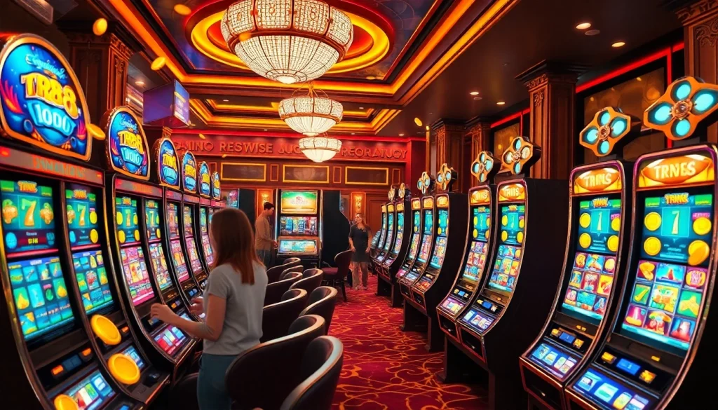 Nổ hũ TR88 players enjoying a vibrant casino atmosphere with exciting slot machines and celebratory ambiance.