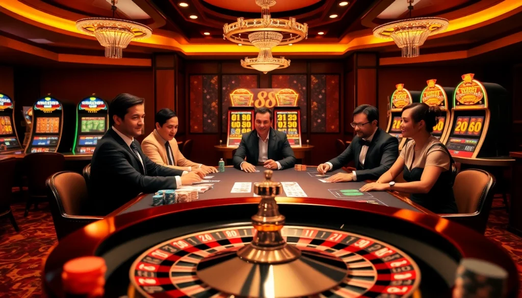 Players enjoying a Hu88 poker game amidst a vibrant casino atmosphere.