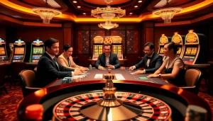 Players enjoying a Hu88 poker game amidst a vibrant casino atmosphere.