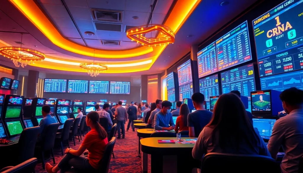 Experience the excitement of online gaming at winvn88.live with diverse gamers enjoying a vibrant casino atmosphere.