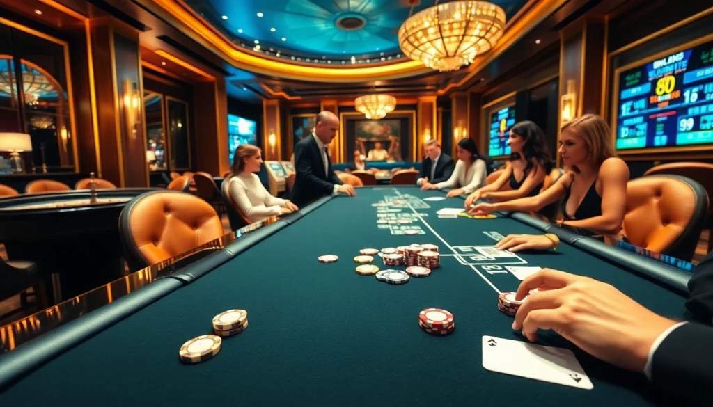 Experience luxury gaming at mb66.nyc with vibrant poker chips and elegant players immersed in the thrill of casino action.
