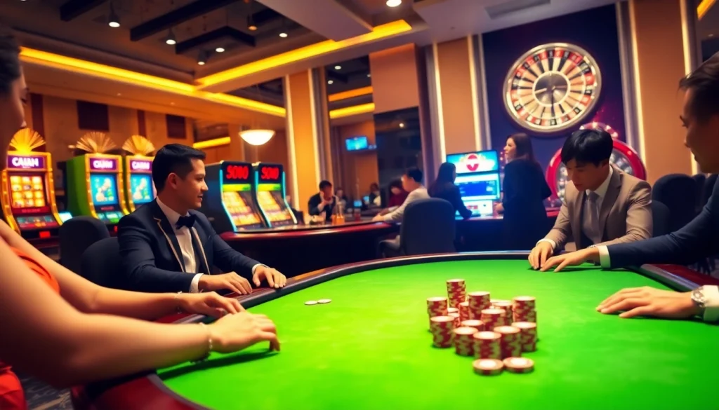 Engaging poker scene featuring Nhà Cái LC88's vibrant atmosphere with players and casino elements.
