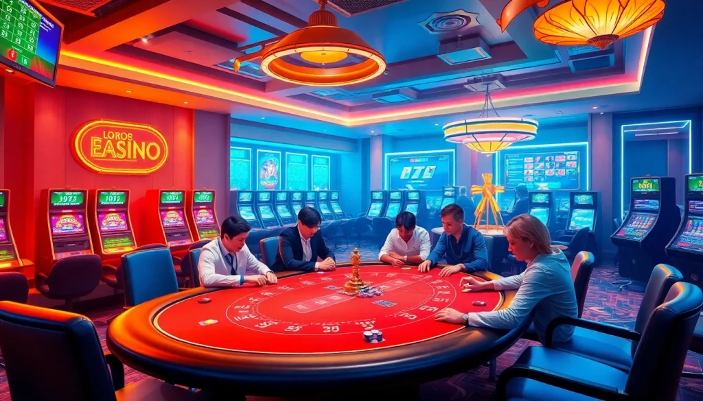 Players enjoying the thrill of poker at loto188.gb.net, surrounded by vibrant casino visuals and glittering chips.