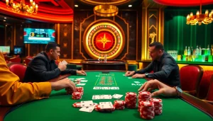KJC com showcases players competing at a luxury poker table with vibrant chips and a roulette wheel, embodying high-stakes gambling.