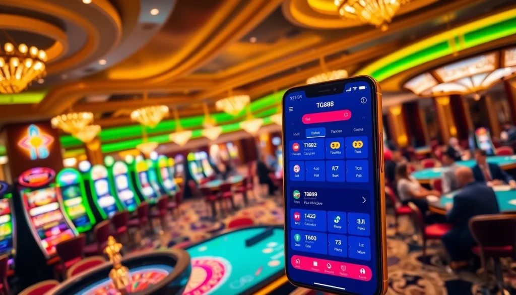 Tg88 app on a mobile device alongside players enjoying slot machines and poker tables in a lively casino.