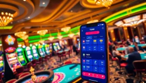 Tg88 app on a mobile device alongside players enjoying slot machines and poker tables in a lively casino.