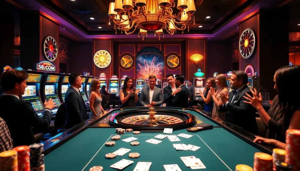Engaging scene of a casino with players at S8.COM gaming table, capturing excitement and luxury.