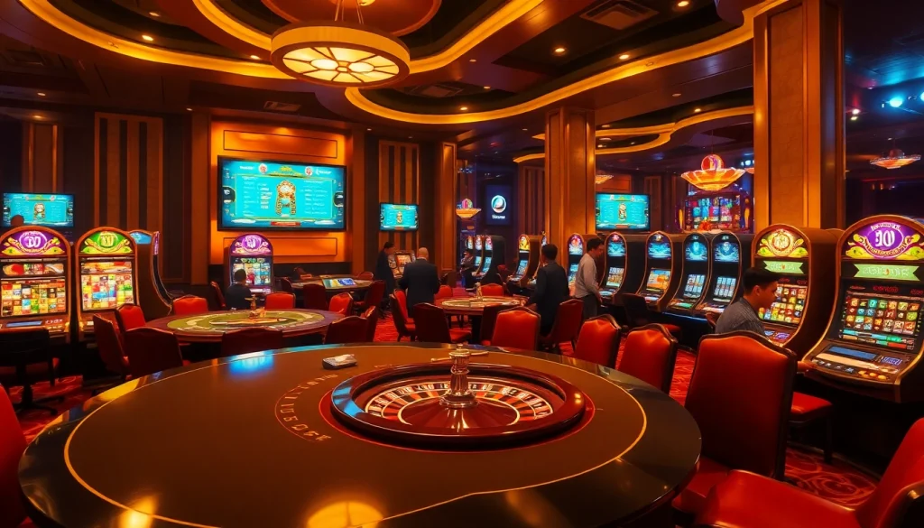 Experience the thrill of online gambling at https://winvn.wiki with a bustling casino scene featuring poker, roulette, and slot machines.