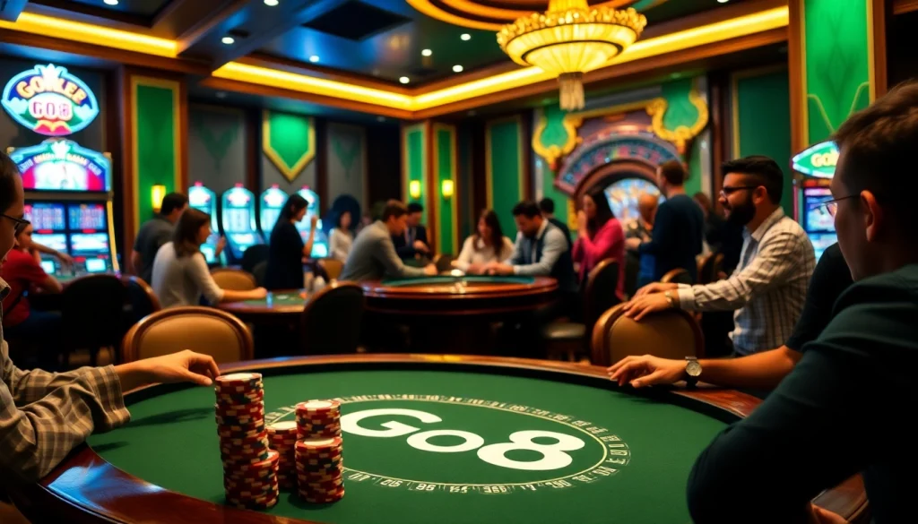 Players enjoying a thrilling game at Go8's elegant poker table in a luxurious casino.