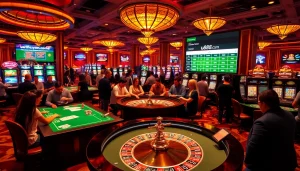 Players enjoying the thrill of gambling at uu88vn.com with vibrant casino tables and slot machines.