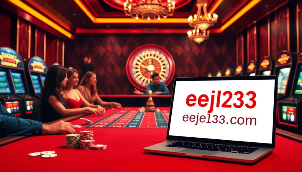 Experience the excitement of online gambling at eejl33 com with vibrant casino scenes featuring poker chips and roulette tables.