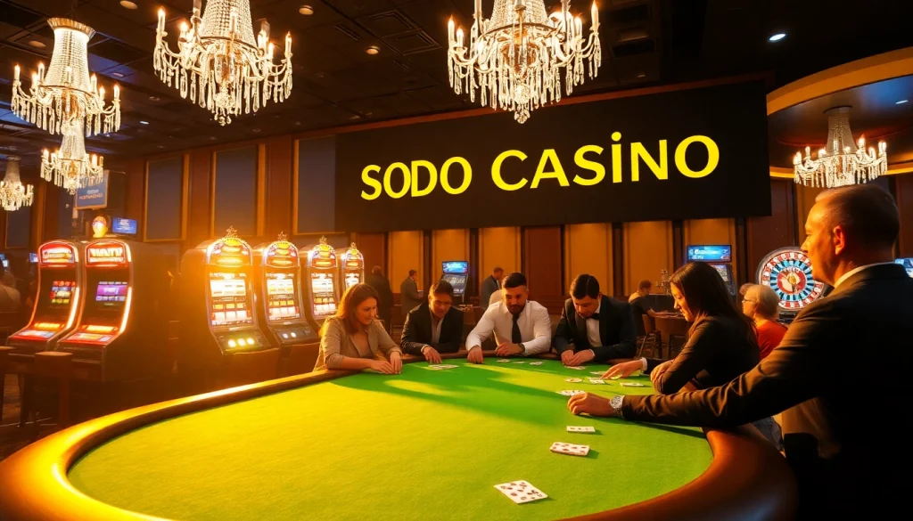 SODO Casino players engaged in high-stakes poker surrounded by vibrant slot machines and roulette