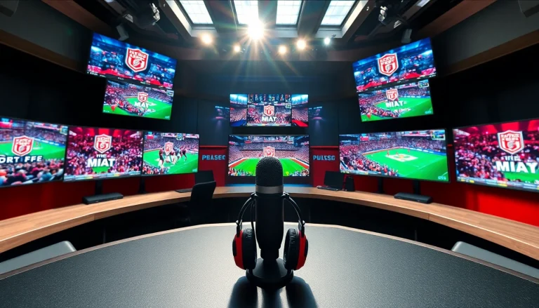 Engaging scene of Sports Broadcasting studio with commentators and live screens.