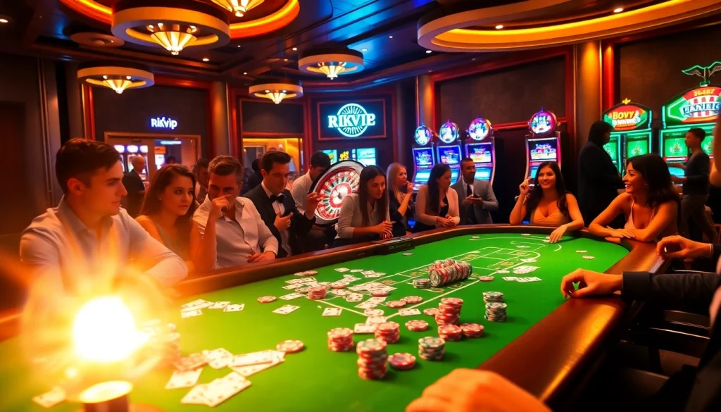 Exciting gameplay at Rikvip casino with vibrant poker table and roulette wheel.