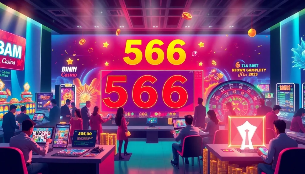 Exciting online gaming scene representing 566 with casino games, vibrant colors, and joyful players.