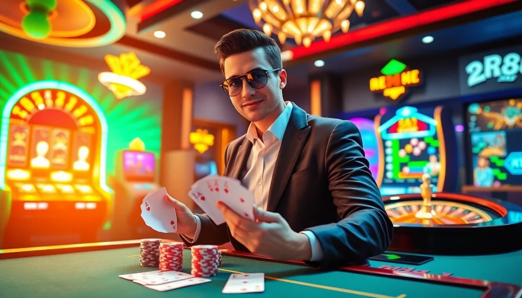 Exciting gambling scene showcasing RR88 KJC with vibrant casino elements like poker chips and a roulette wheel.