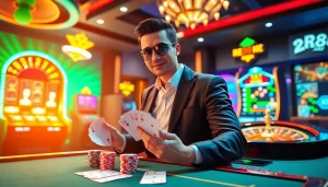 Exciting gambling scene showcasing RR88 KJC with vibrant casino elements like poker chips and a roulette wheel.