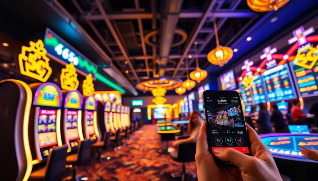 566 online casino vibrant gaming scene with slot machines and dealers.