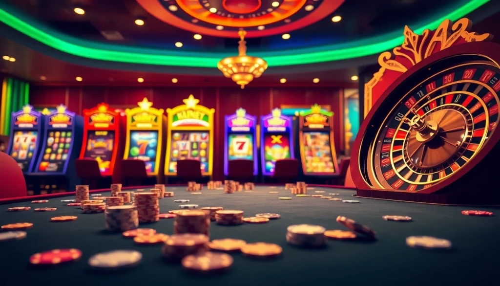 Nổ hũ 8KBET slot games showcased in an exciting casino scene with vibrant lighting and dynamic elements.