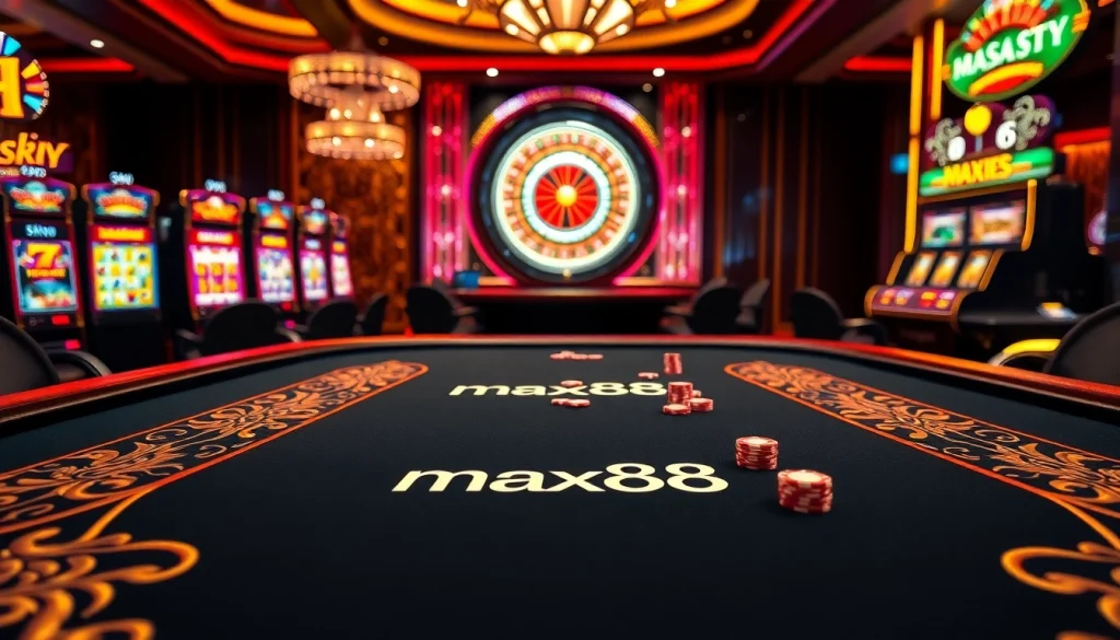 Max88 casino scene with strategic gaming at blackjack and vibrant slot machines.