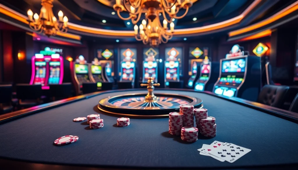 Visualize the excitement of thể thao fun79 with an elegant casino scene featuring poker chips and a roulette wheel.