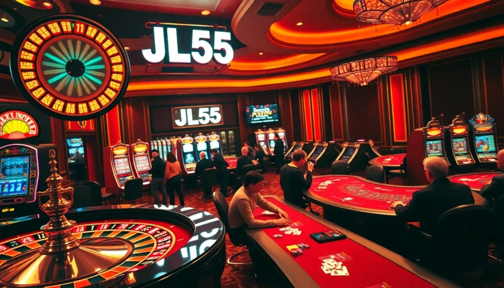Engage in thrilling gameplay with JL55, showcasing luxury casino tables and vibrant slot machines.