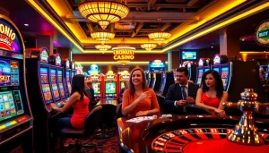 Excitement builds as players spin the reels in a vibrant Slot Game casino scene filled with colorful machines.