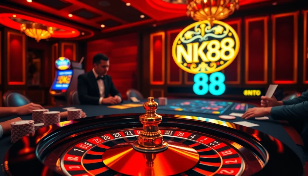 Players enjoying a thrilling game at NK88 casino with roulette and poker elements.