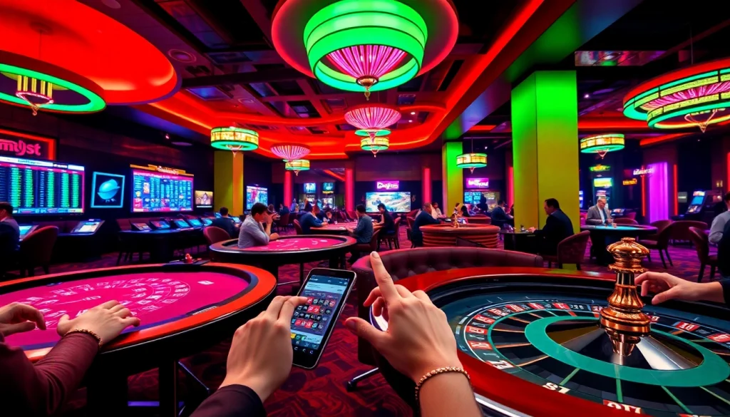 Exciting online casino gaming scene at sbobet.dance featuring engaged players and vibrant lights.