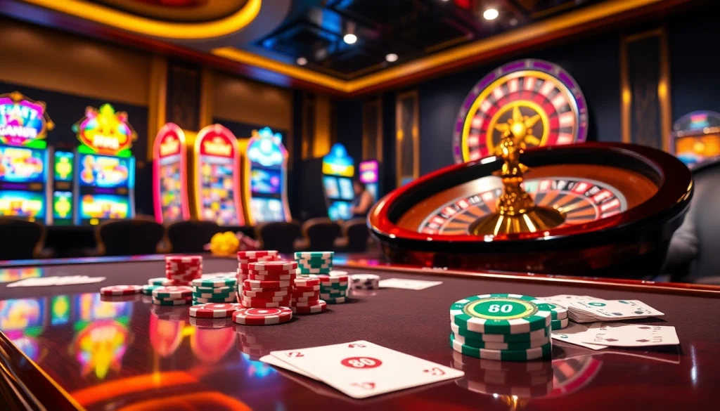 88AA casino scene with poker chips and vibrant slot machines, showcasing high-stakes excitement.