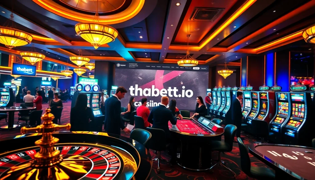 Experience excitement at https://thabett.io/ with players at a vibrant casino table, showcasing luxury gambling.