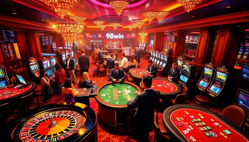 Experience the thrill of winning at 98win with a vibrant casino scene featuring exciting games.