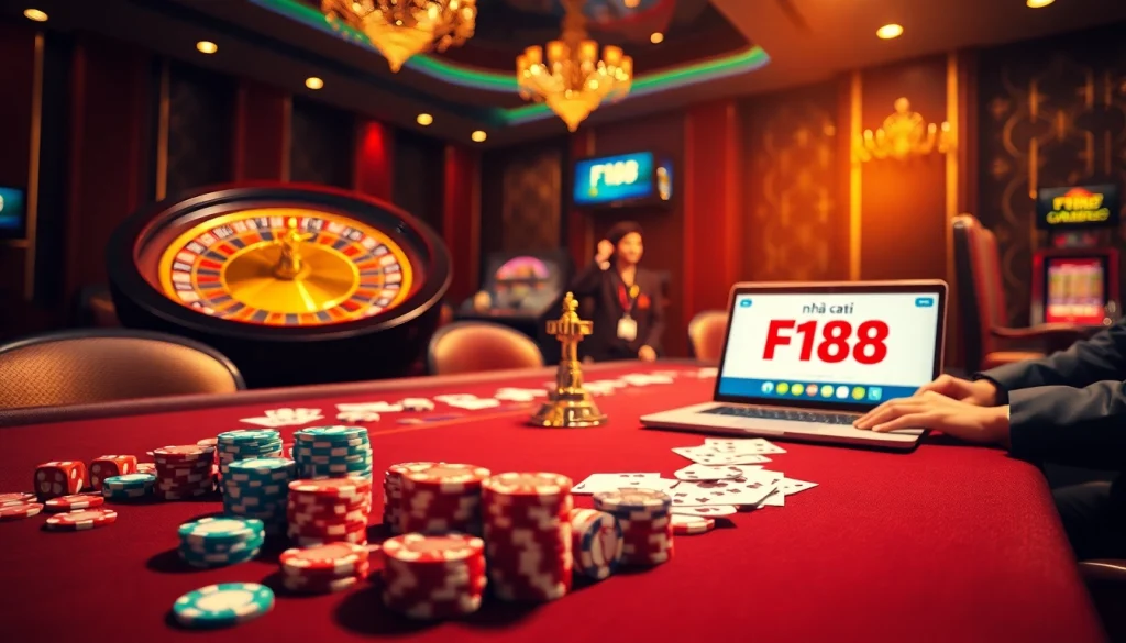 Engage with thrilling gameplay at nhà cái F168's luxurious casino, featuring poker tables, roulette, and live action.