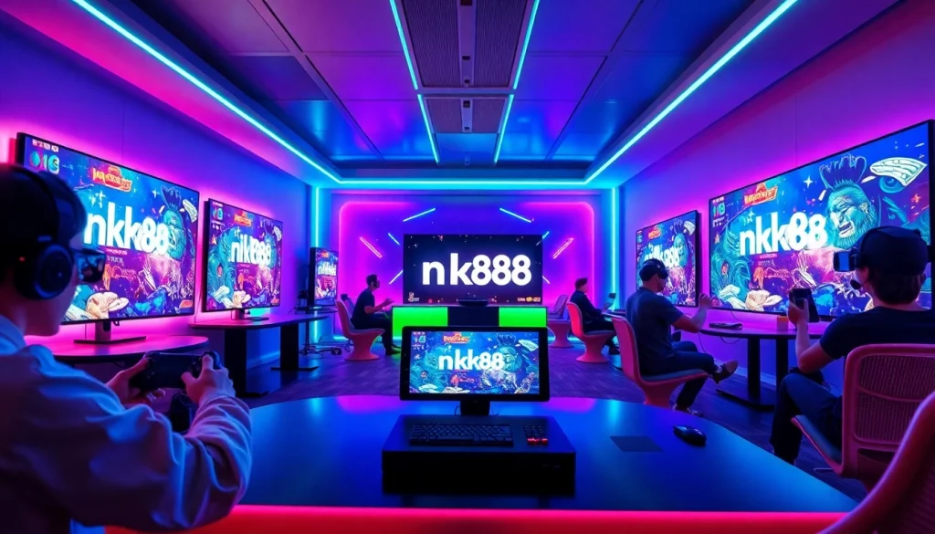 Engaging scene of gamers enjoying the nk88 app in a lively gaming environment.