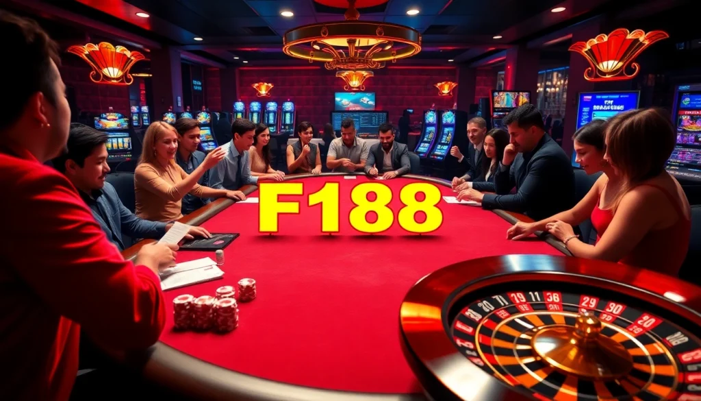 Players engaging at a vibrant F168 poker table in an upscale casino setting.