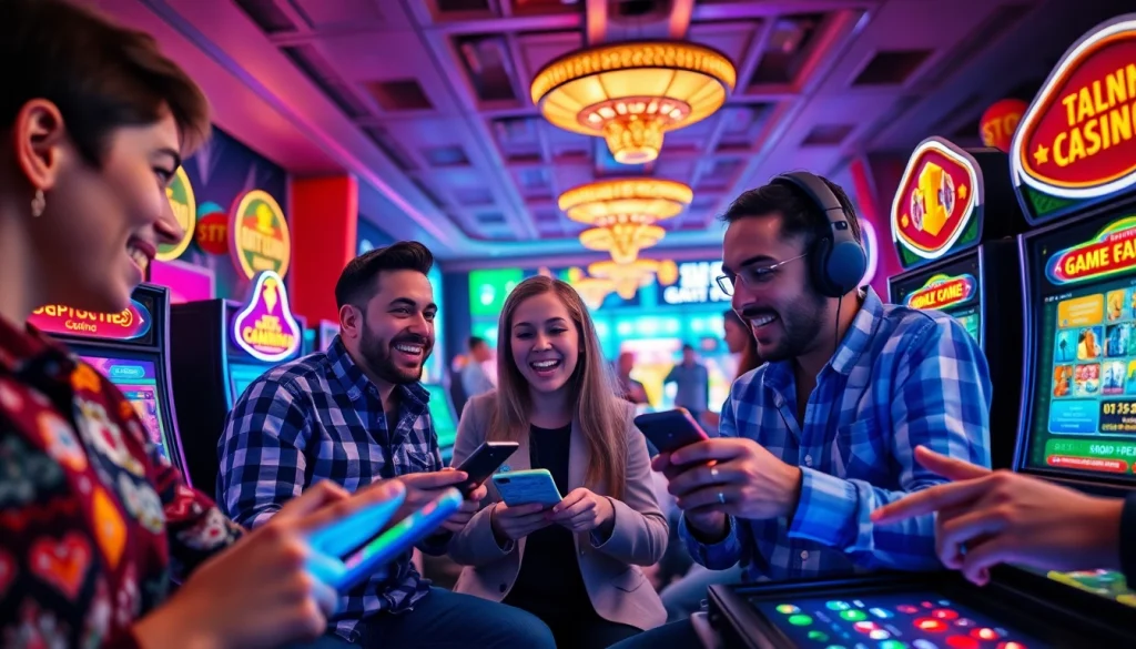 שחקנים נהנים ממשחקים חווייתיים בקזינו Stake עם ממשקים דיגיטליים תוססים.