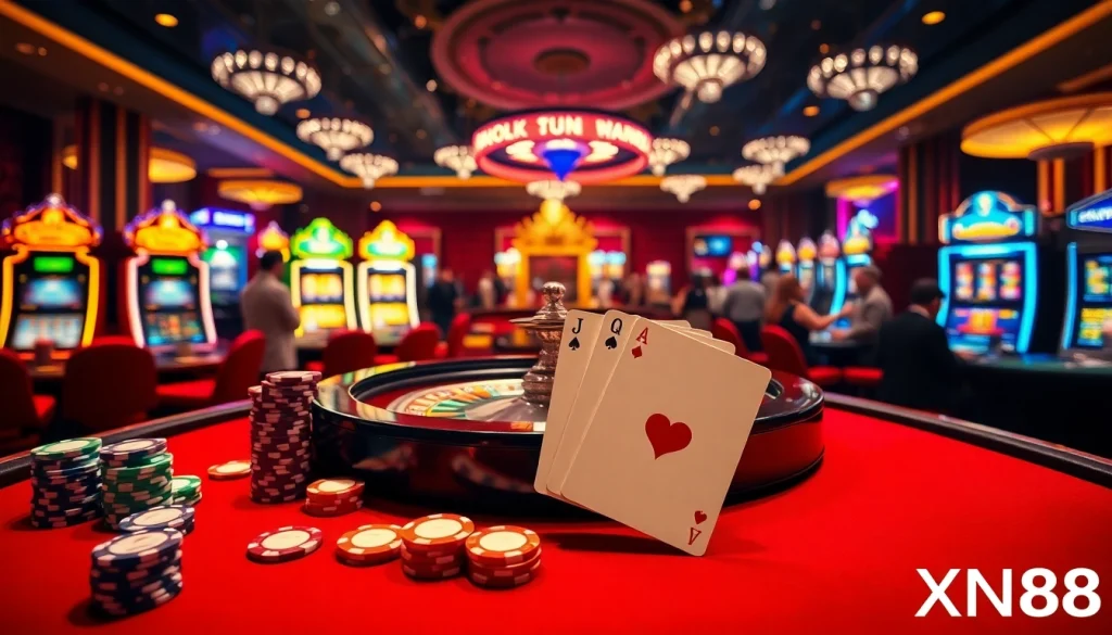 Experience thrilling gameplay at XN88 with vibrant poker tables and slot machines.