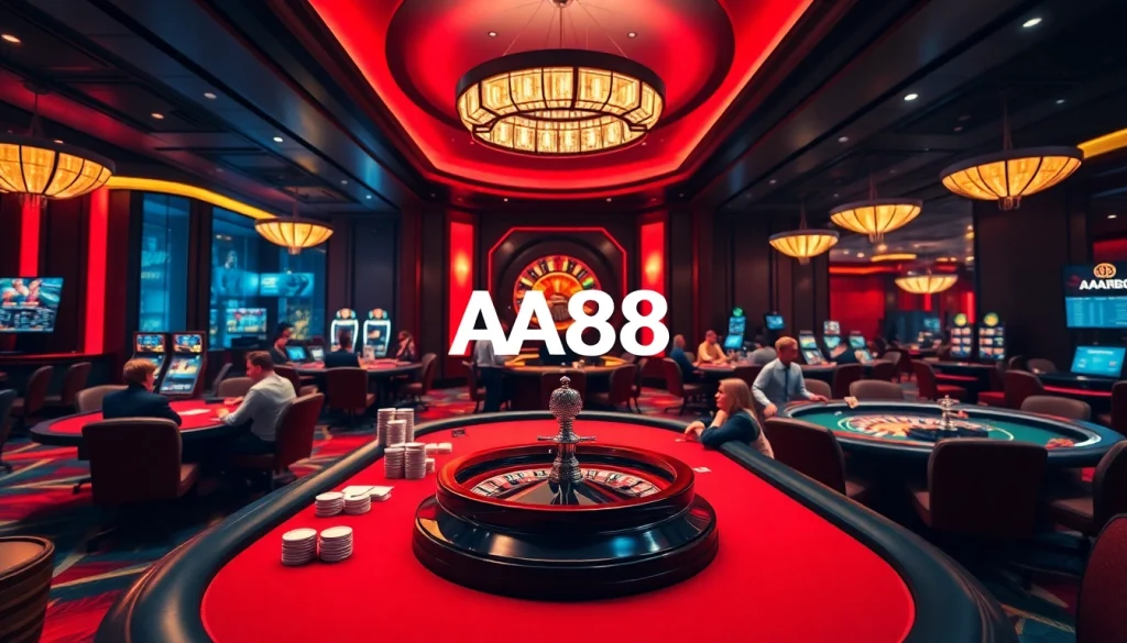 Exciting AA88 casino scene with players at poker tables and roulette wheels in action.
