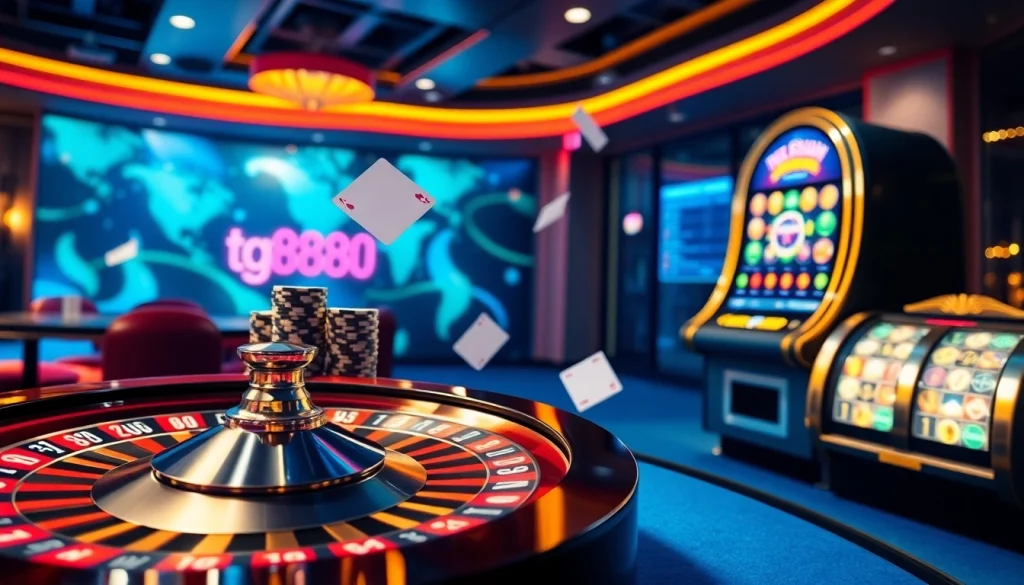 Experience thrilling gameplay at tg88 win with high-stacked poker chips and spinning roulette.