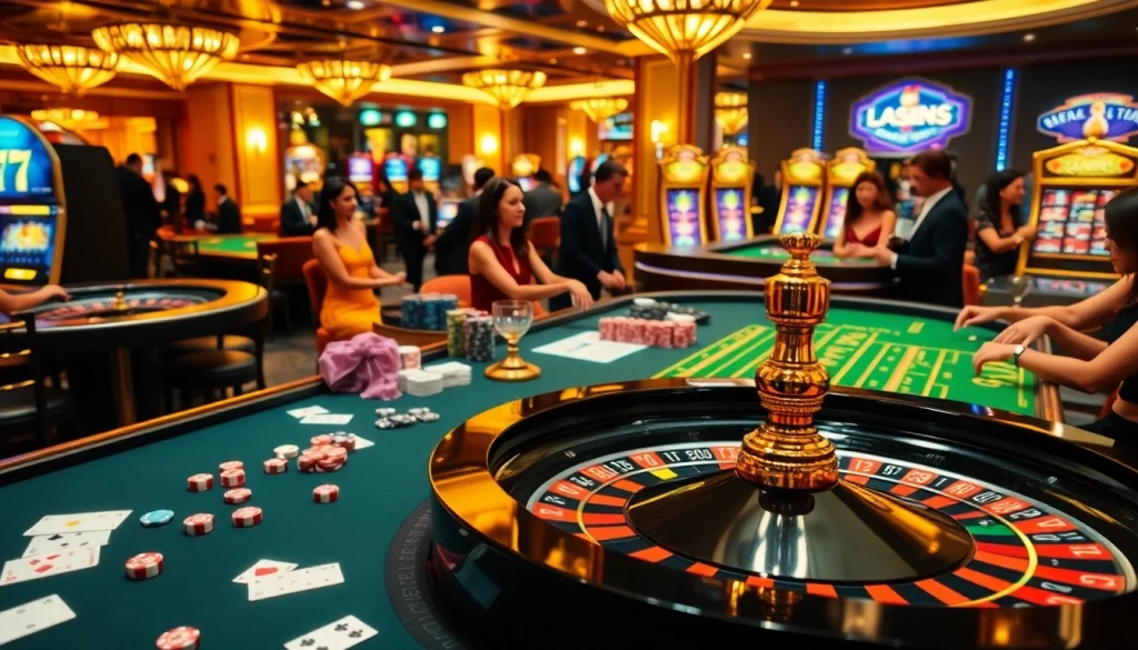 Players engaged in thrilling gambling activities at tha casino, showcasing vibrant gaming tables and luxurious atmosphere.