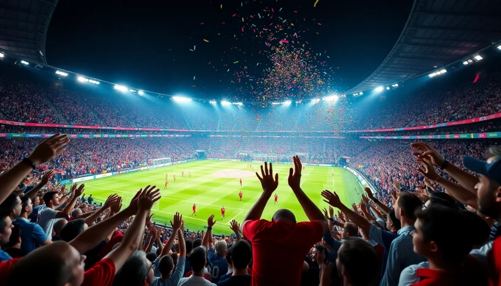 Socolive football match streaming with energetic fans cheering in a vibrant stadium