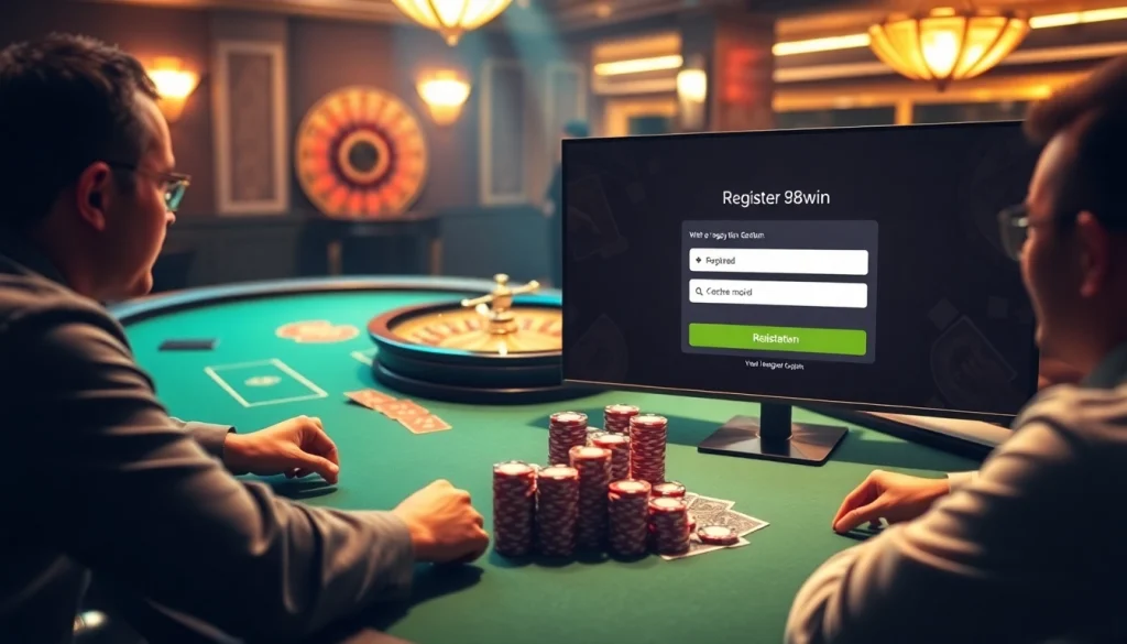 Experience the excitement of Đăng ký 98win with vibrant casino gameplay at a luxurious poker table.