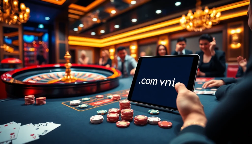 Experience the thrill of online gambling with hm88 com vn featuring casino tables and vibrant gaming elements.