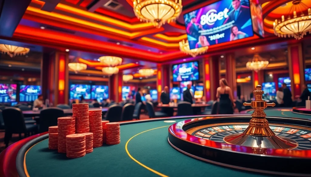 Experience the vibrant atmosphere of 8kbet with exciting poker and roulette games in a luxurious casino.