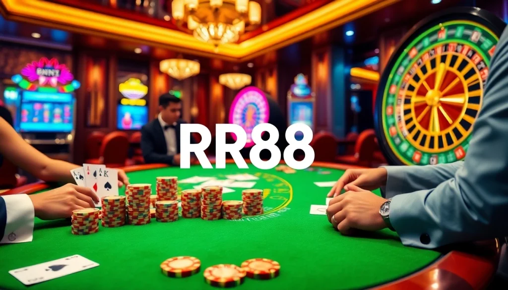 Join an exciting poker game at RR88 with vibrant chips and a spinning roulette wheel.