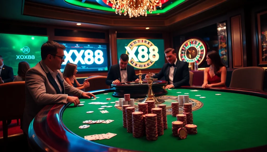 High-stakes poker players engage in thrilling bets at a casino table featuring XX88, poker chips, and cards.